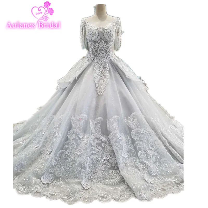 New Design Crystal Saudi Arabia 3/4 Sleeves Ball Gown Gray Wedding Dresses Luxurious Lace Appliques Flowers Beaded Bridal Gowns | Свадьбы и