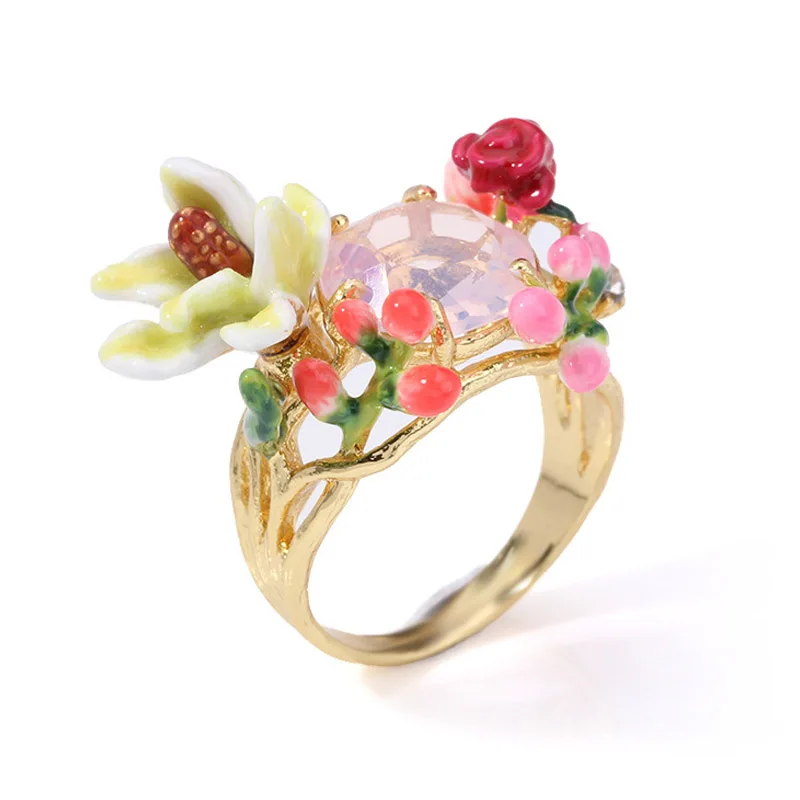 

Luxury romantic statement flowers gem rings for women enamel glaze rose bud ring lady party jewelry