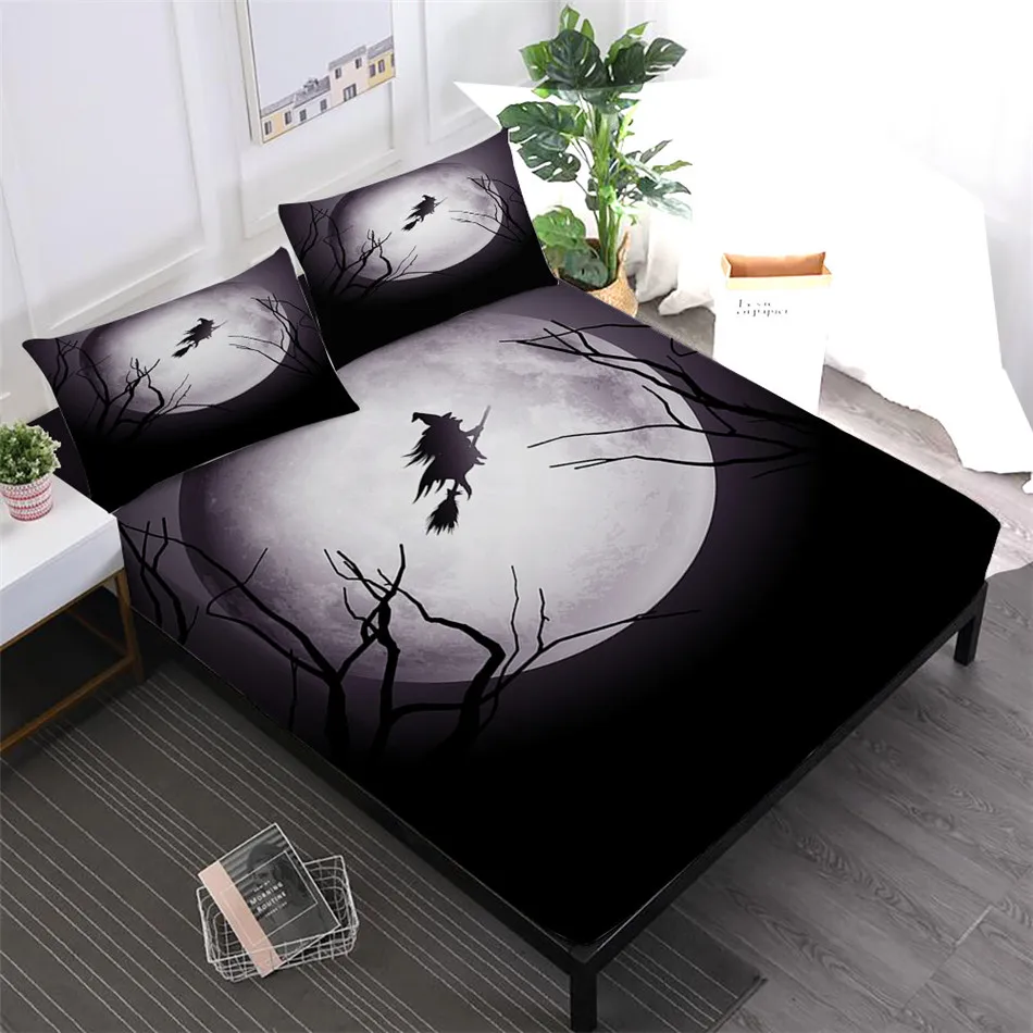 

Halloween Black Night Bedding Set Cartoon Witch Moon Print Fitted Sheet King Queen Bed Linens Bedclothes Pillowcase Home Decor