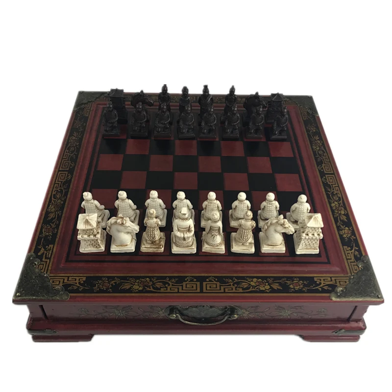 

newWood Chess Chinese Retro Terracotta Warriors Chess Wood Do old Carving Resin Chessman Christmas Birthday Premium Gift o
