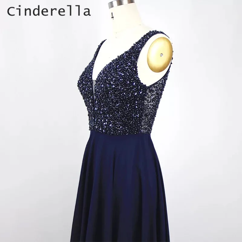 

Cinderella Navy Blue Evening Gown V-Neck Sleeveless Zipper Back Floor Length A-Line Chiffon Prom Dresses Crystal Prom Gowns