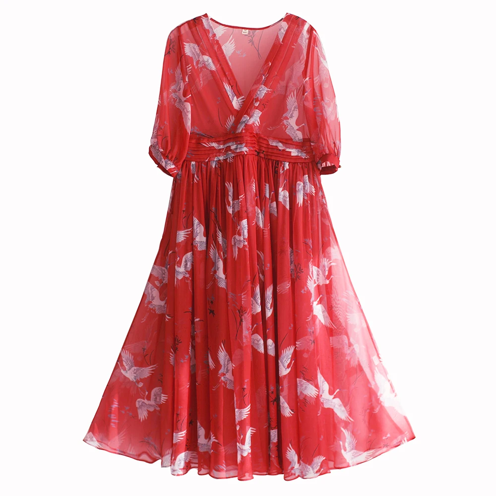 Винтажное длинное пляжное платье макси с полурукавами и принтом журавлей|print dress|a