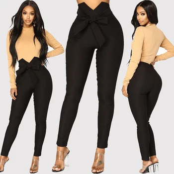 

Women Pencil Trousers High Waist Pants Work OL Pant Female High Waist Trousers Sexy Bowknot Slim Elastic Pencil Pants Ladies