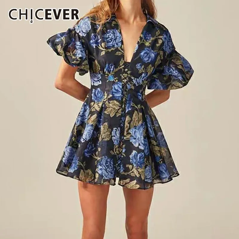 

CHICEVER Summer Vintage Flower Dress For Women V Neck Puff Sleeve High Waist Slim A Line Dresses Female 2019 Fashion New