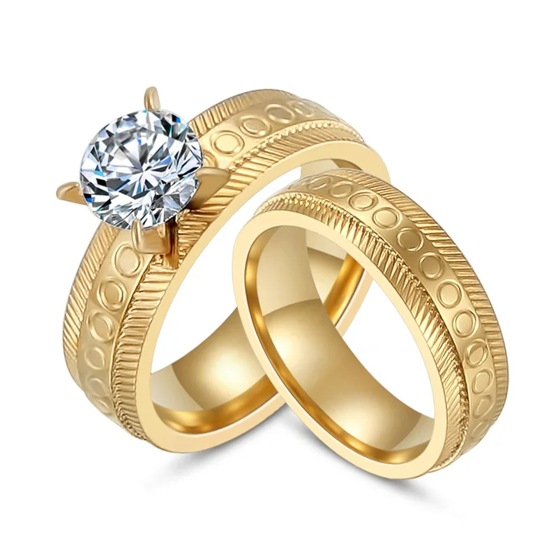 1 Pair Fashion Stainless Steel Wedding Engagement Band Rings Set For Women Gold Color CZ Couple Ring Trendy Jewelry (A1119)