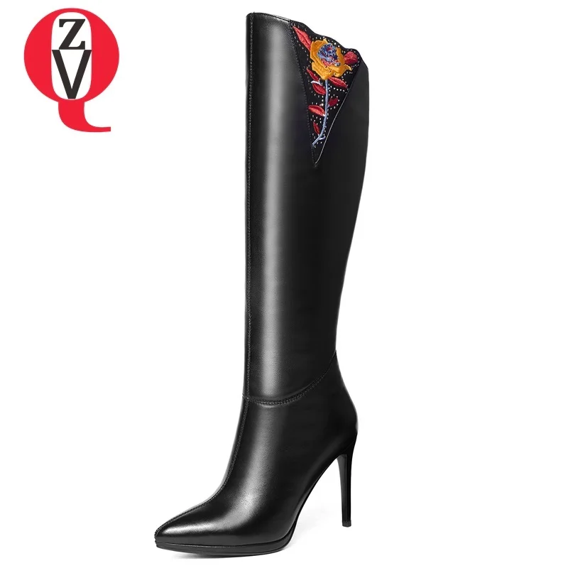 

ZVQ shoes women 2018 new fashion embroider genuine leather super high thin heels platform zip winter plush warm knee high boots