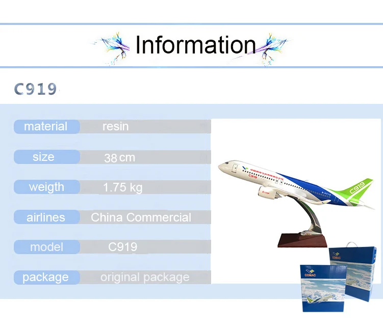 38 см смолы C919 Китай коммерческих самолета Airbus Модель Китай коммерческих Летающий C919 самолет авиации модель стенд Craft