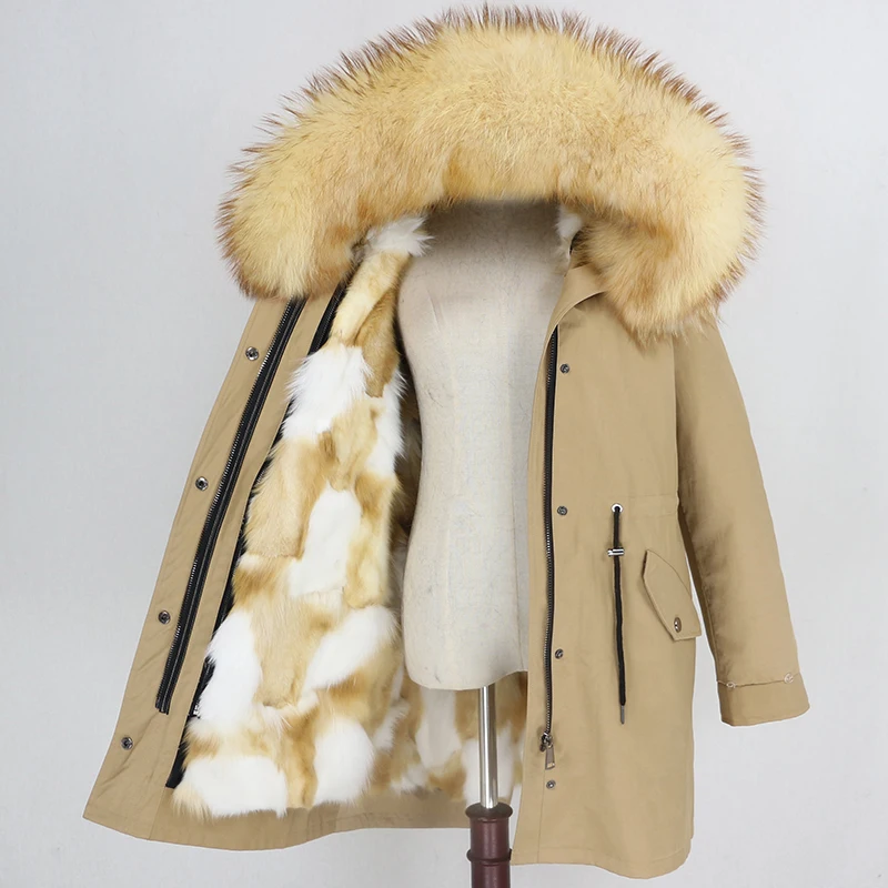 Женское пальто со съемным мехом OFTBUY, бежевая непромокаемая длинная парка с натуральным лисьим мехом, верхняя одежда, зима - Цвет: brown gold