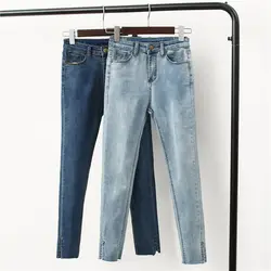 Корейский для женщин Disterssed джинсы для длинные старинный карандаш брюки девочек эластичные синие джинсы обтягивающие брюки-скинни уличная