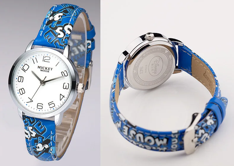 Disney оригинальные часы с Микки Маусом для мальчиков и девочек, кожаные кварцевые часы для студентов, мальчиков и девочек, водонепроницаемые