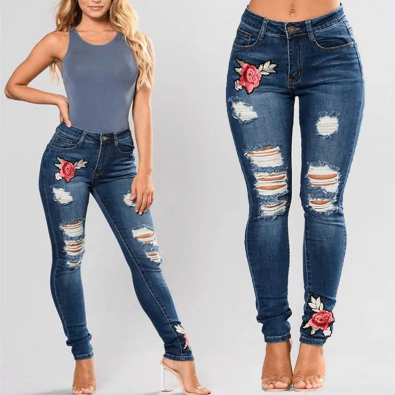 Women jeans in the waist stretch long pencil pants embroidered hole ...