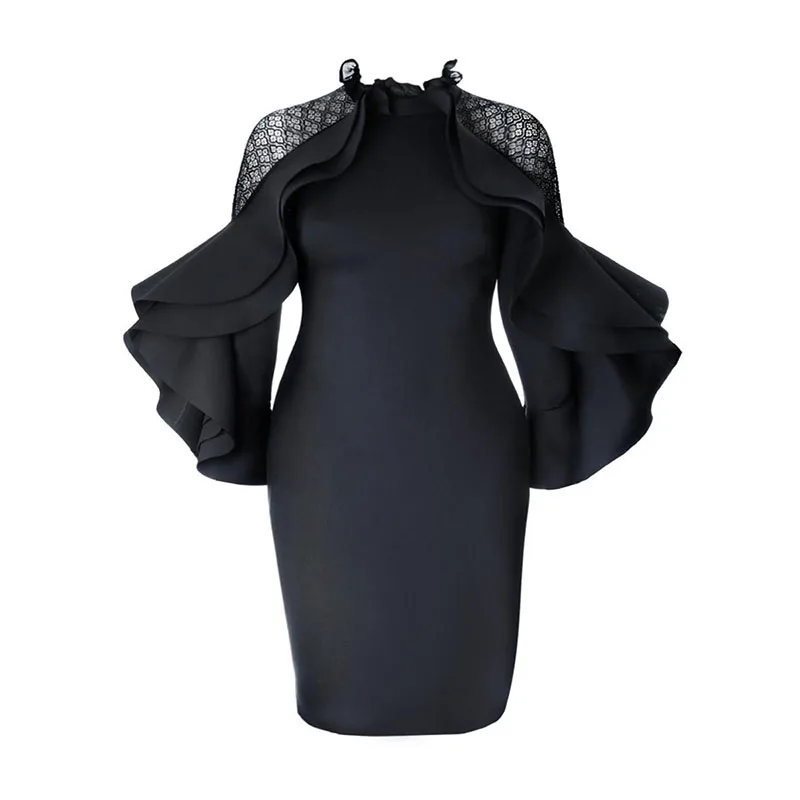 Плюс размера плюс 4XL женское облегающее платье Элегантное с длинным рукавом Falbala оборками черное большого размера осеннее сексуальное вечернее платье