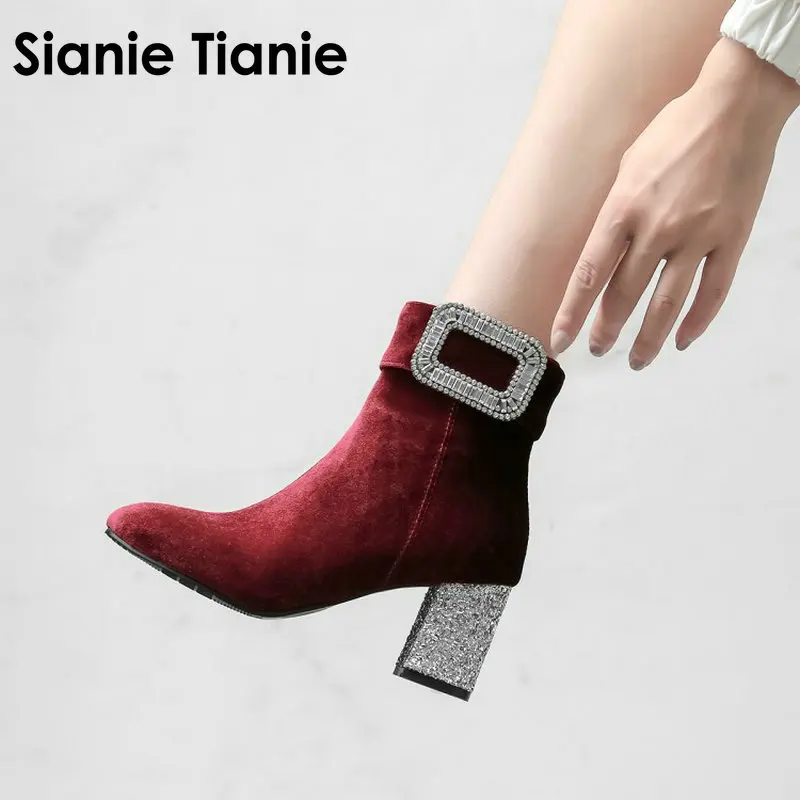 Sianie Tianie/ г.; Зимние Модные велюровые бархатные женские ботильоны; блестящие женские ботинки на высоком каблуке с кристаллами