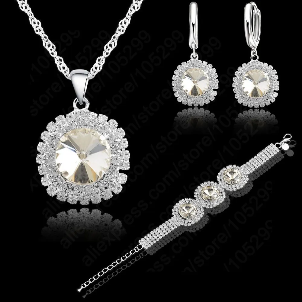Романтические женские свадебные ювелирные наборы, 925 пробы, серебро, кубический циркон, ожерелье, серьги, браслет - Окраска металла: White