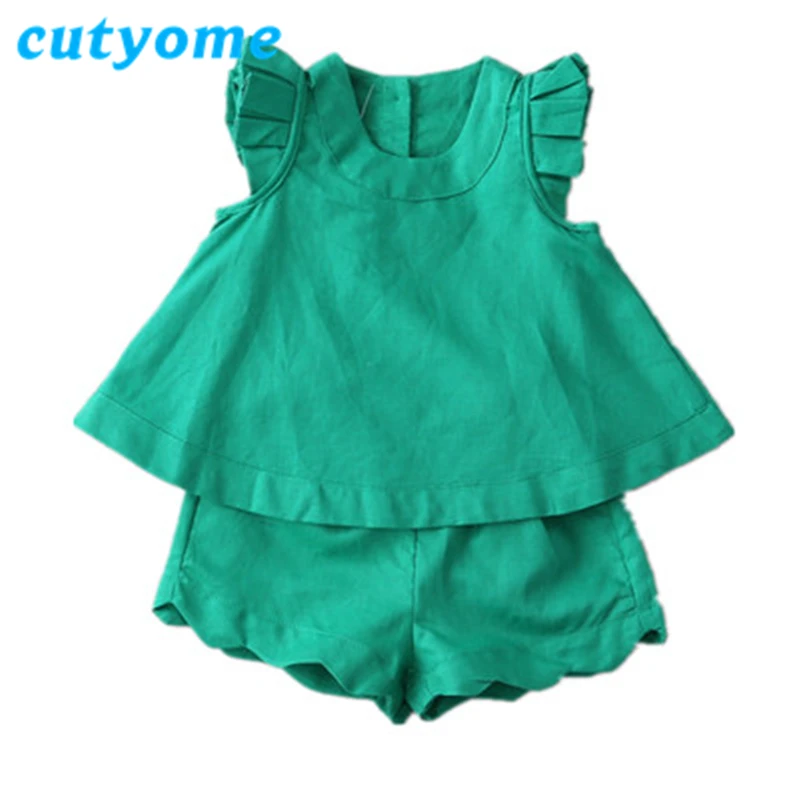 

Cutyome 2017 Toddler Girls Summer Set Solid Fly Sleeve Top+Casual Shorts Pant Children Linen Outerwear Outfits Kids Clothing Set