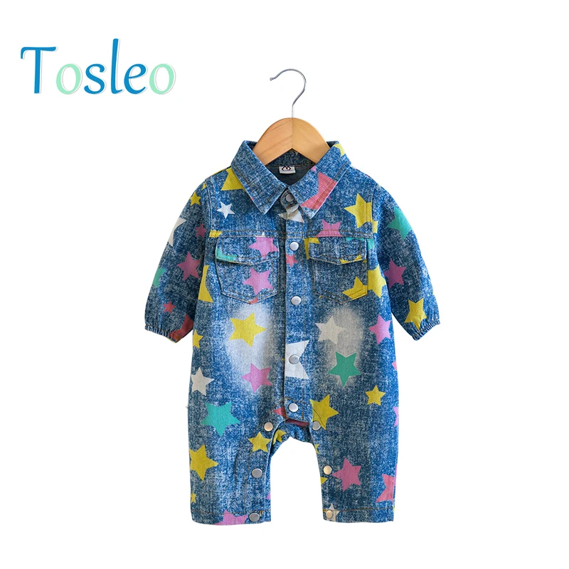 

2018 Tosleo Jean Baby Rompers Star Printed Child Spring Clothes Turn Down Collars Toddlers Clothes Newborn Kids Overalls