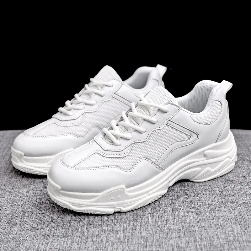 

Women's Thick-bottomed Mesh Lace-up White Sneakers 2019 Spring Autumn New Fashion Comfortable Soft Breathable Pu Casual Shoes
