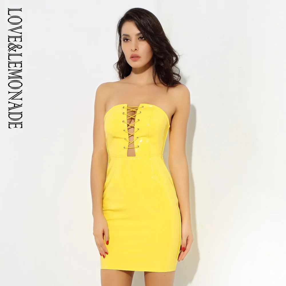 

Love&Lemonade Yellow Cut Out Cross Straps Decorative Elastic Party Dress LM0716
