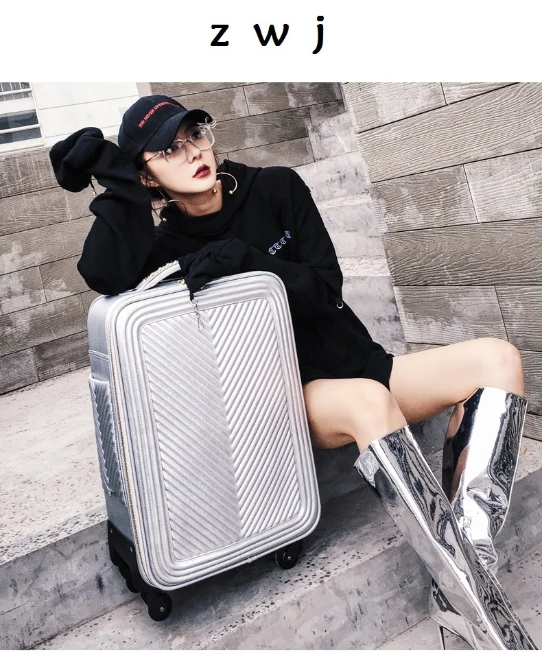 

New women spinner retro travel suitcase leather trolley bags free shipping