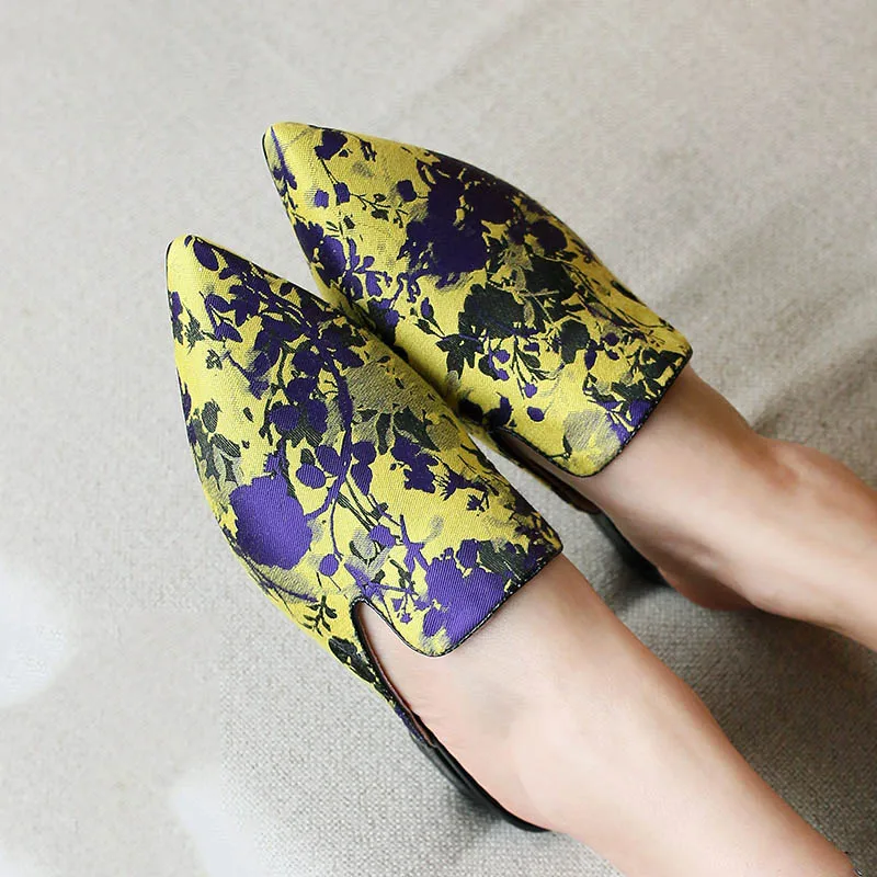Phoentin цветочный принт острый носок тапочки женские натуральная кожа Muller обувь снаружи Тапочки низкий каблук обувь для вечеринок FT607 - Цвет: Цвет: желтый