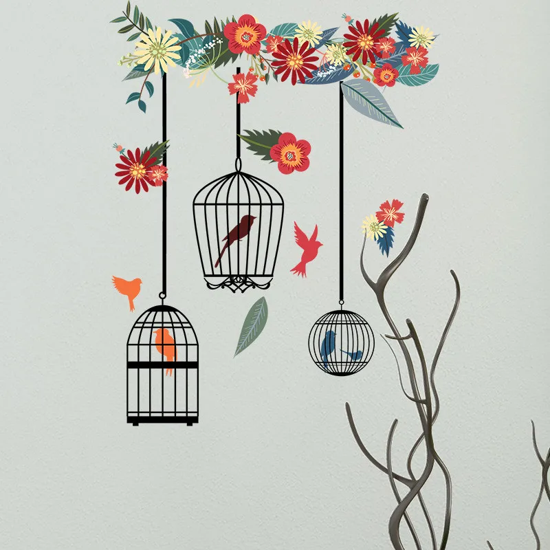 

1PCS Colorful Flower Bird Cage Wall Sticker DIY For Living Room Floral Wedding Decoration PVC Wall Art Room Decals 58*32CM
