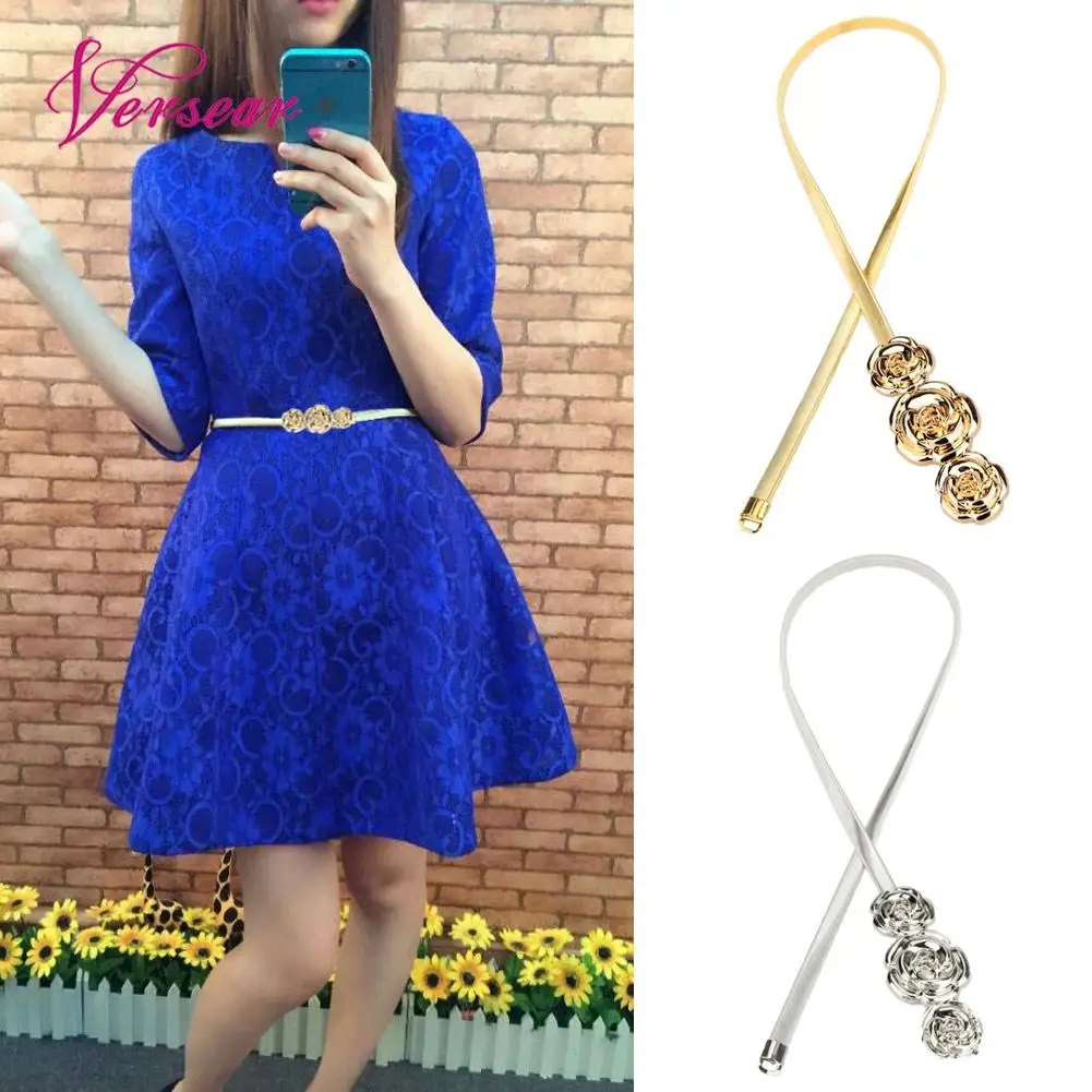 

Versear Luxury Elastic Waist Chain Belt for Dress Blouse Gold Thin Rose Clasp Front Stretch Designer Fashion Belt 2019 Women
