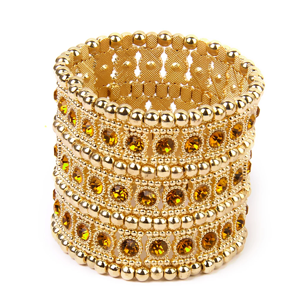 Gold Crystal Rhinestone 3 Row Stretch Elastic Bracelet Bangle Wedding