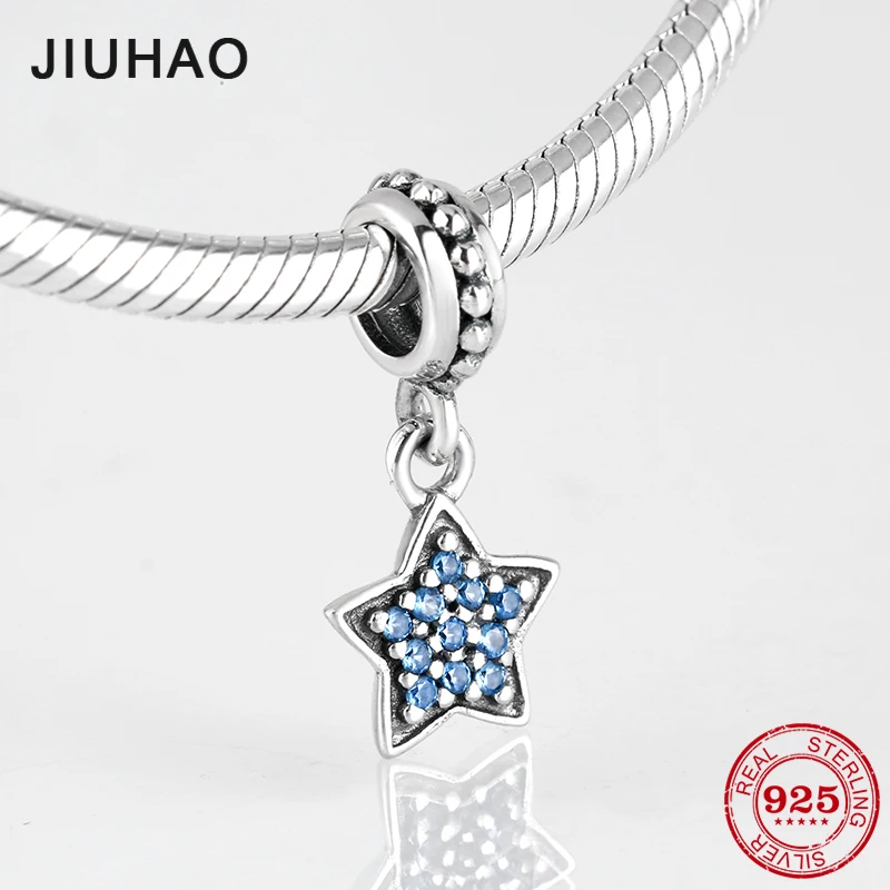 

100% 925 Sterling Silver Sparkling blue CZ Star charms Pendant fit Original Pandora Necklaces Bracelet Jewelry making 2018
