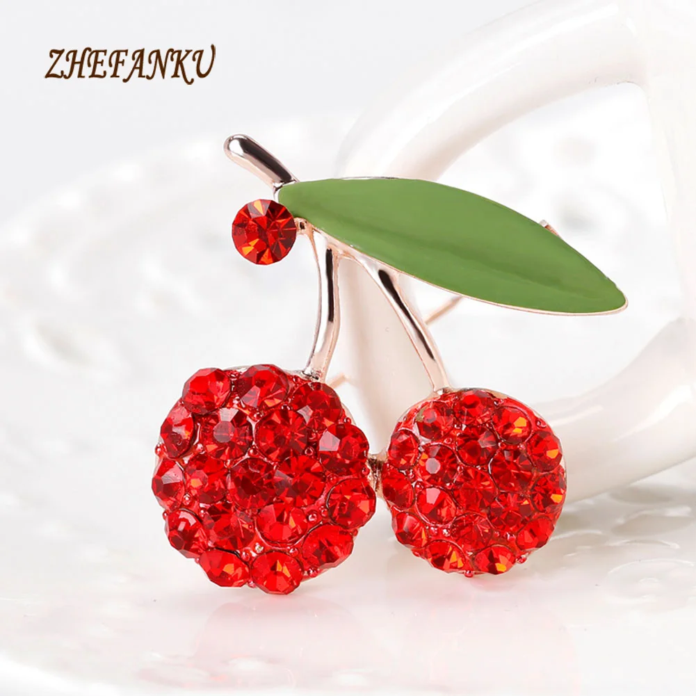 

New Fashion Green Leaf Red Cherry Shape Collar Pins Brooches Women Dress Scarf Clips Sweet Fruit Jewelry