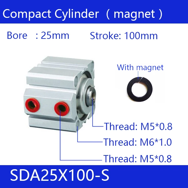 

SDA25*100-S Free shipping 25mm Bore 100mm Stroke Compact Air Cylinders SDA25X100-S Dual Action Air Pneumatic Cylinder, Magnet