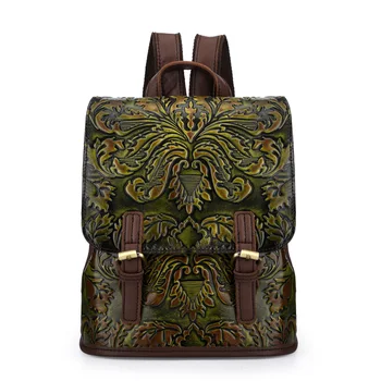 

Genuine Leather Women Embossed Backpack Daypack First Layer Cowhide Rose Pattern Girls Knapsack School Bags Leisure Rucksack New