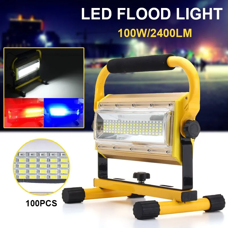 

3 Colors 100W Portable LED Floodlight Work Light Rechargeable 100 LED Spot Flood Light Working Camping Lamp Outdoor Lighting
