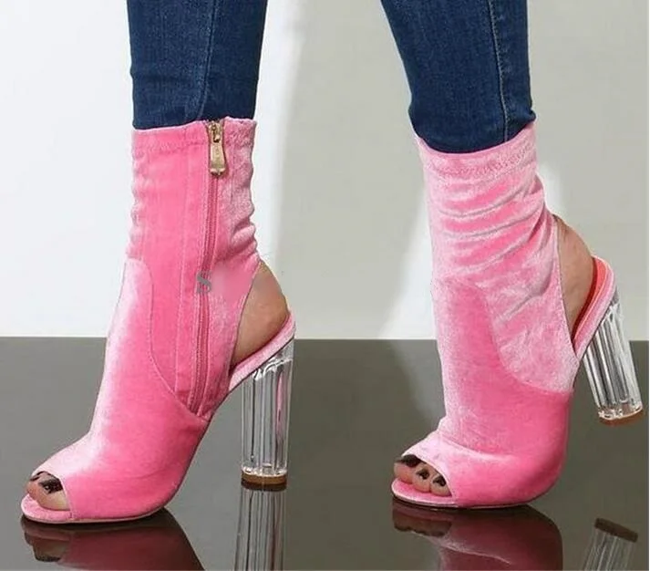 

Botas Mujer Pink Velvet Transparent Chunky Heel Short Boots Open Toe Cuts-out Pink Heels Gladiator Summer Sandal Booties