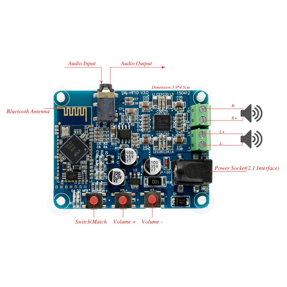 Bluetooth 4.0 PAM8610 Audio Receiver Digital Stereo Amplifier 12V DC 10W+10W