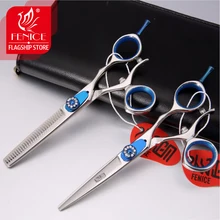 Fenice profissional 5.5 polegada japão 440c corte de cabelo + desbaste tesoura conjunto 360 graus dupla alça giratória azul parafuso