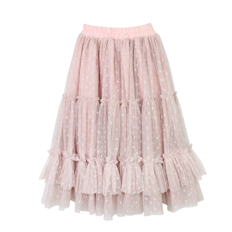 New 2-14T Polka Dot Girls Pink Tutu Skirt Kids Children Autumn Princess Long Ruffle Skirts Cotton Lining Mesh Pleated Pettiskirt