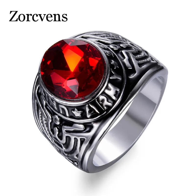 

LETAPI 2019 Fashion Army Soldier Rings Trendy Tide Male Red Stone Antique Silver Color Crystal Ring For Man