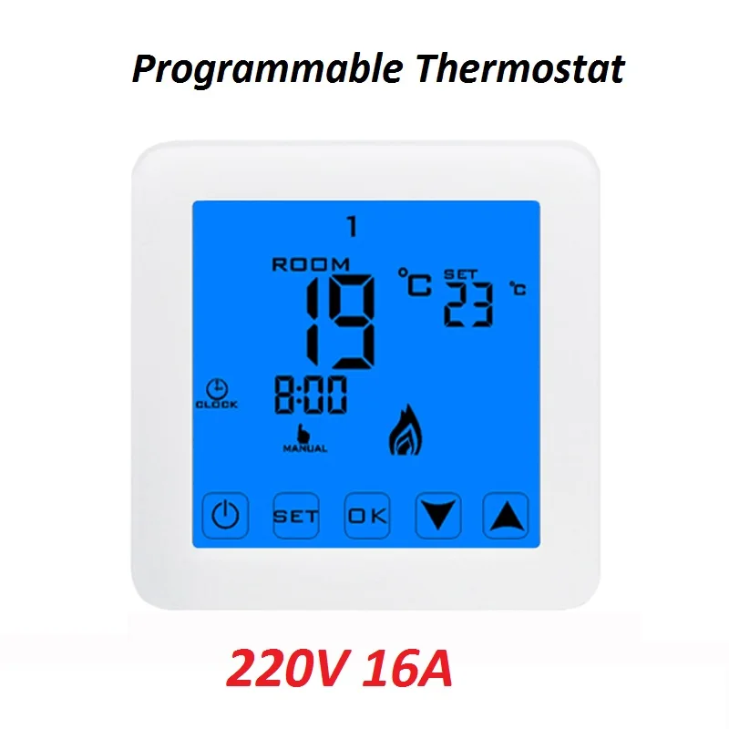 

Digital Touch Screen White Warm Temperature Controller 220V 16A LCD Display Floor Heating Room Thermostat