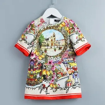 

Summer quality girls dress Baby vestidos kids brand dress Children party clothes castle floral print flare sleeve 4 to 14 yrs