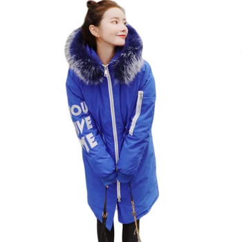 

2018 Winter Coats Women Jackets Large Warm Fur Hooded Cotton Padded Letter Print Parkas Outwear Casacos Inverno Feminino CM873