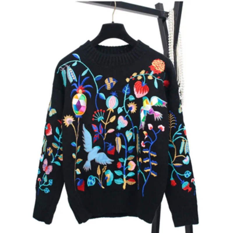 Flowers Embroidery Sweater Women Pullover Colorful Flying Birds Pattern Knitting Sweaters Autumn Winter Fashion Knitted Jumper | Женская