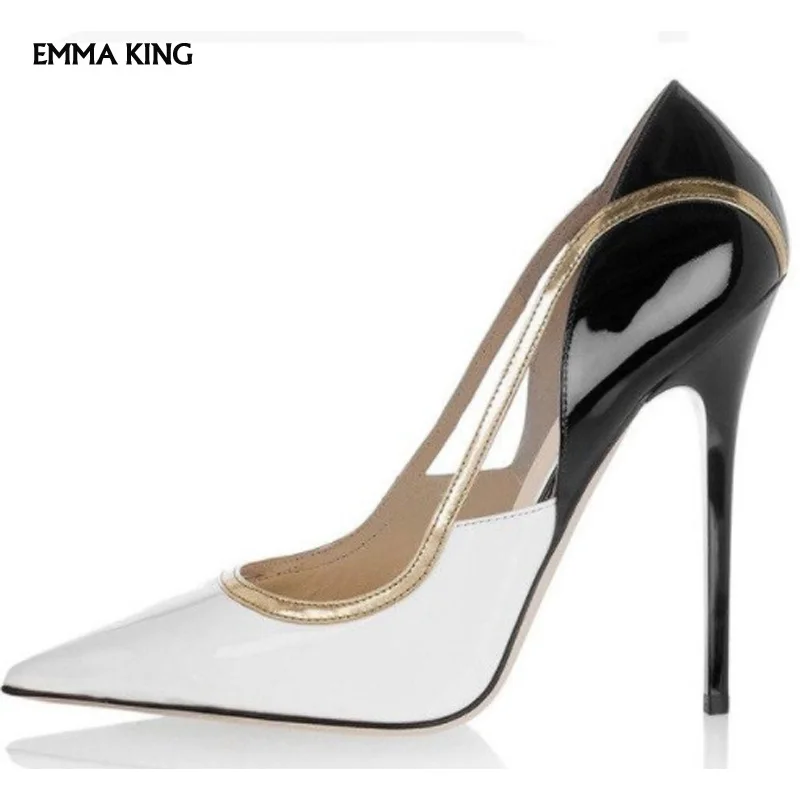 

Black White Gold Cut-Outs Ladies Pumps Party Dress Shoes Woman Pointed Toe Sexy Extreme High Heels Dress Wedding Shoes Woman