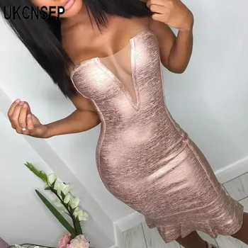 

UKCNSEP Gold Printing Elegant Trumpet Bandage Dress Strapless Cocktail Party Dress Vestidos Mesh Patchwork Bodycon Summer Dress
