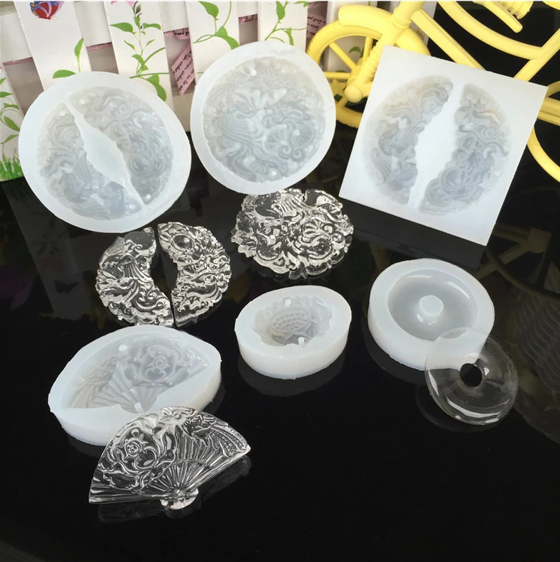 

New！ mirror dragon and phoenix jade pendant lotus fan silicone mold