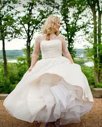 Большие размеры бежевые Свадебные платья откровенное с вырезом на шее 3/4 рукав по щиколотку кружево страна Короткие свадебные платья Vestido De