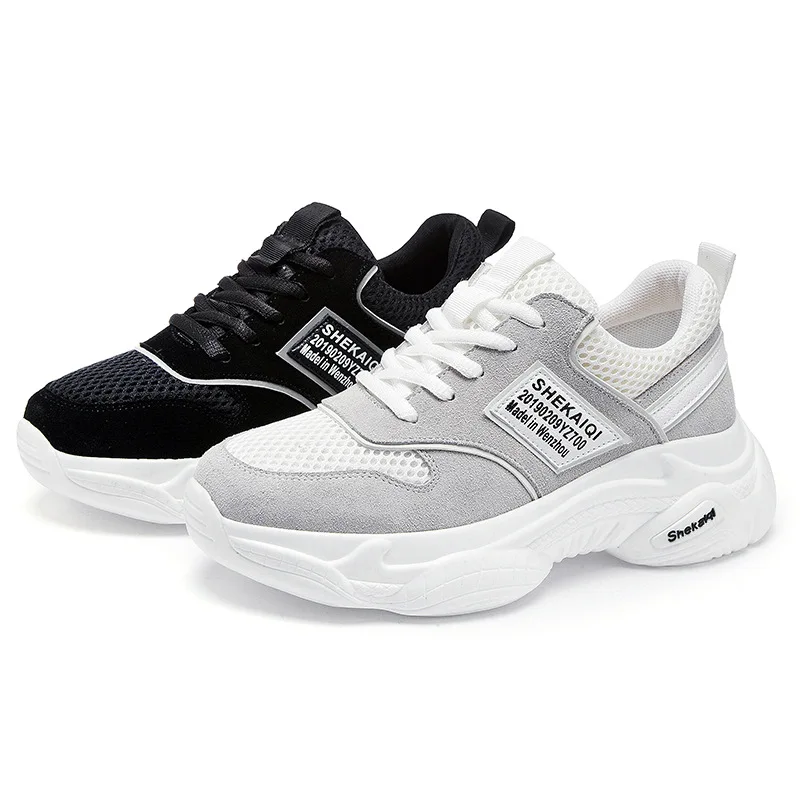JINBEILEE Thick-soled Women's Shoes New 2019 Spring Sports Running Shoes Women's Wild Net Red Printed Single Shoes