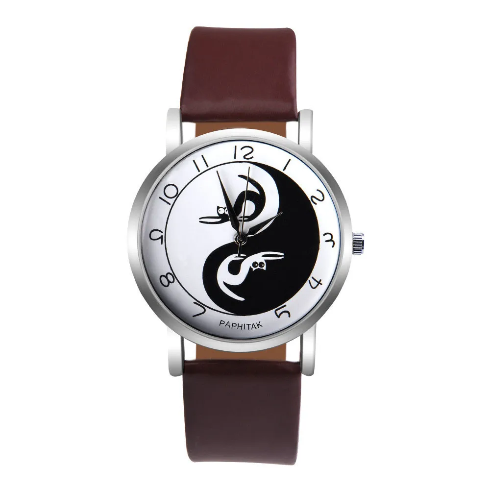 Женские часы Yin Yang с милым рисунком кошки из искусственной кожи аналоговые