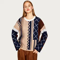 Осенне-зимний женский вязаный свитер Повседневный длинный рукав с круглым вырезом геометрический офисный женский свитер 2019 пуловер