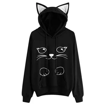 

Trendy New Women Clothing Hoodies Cat Ear Pullover Cat Print Hooded Sweatshirt Long Sleeve Casual Jumper Top Cute