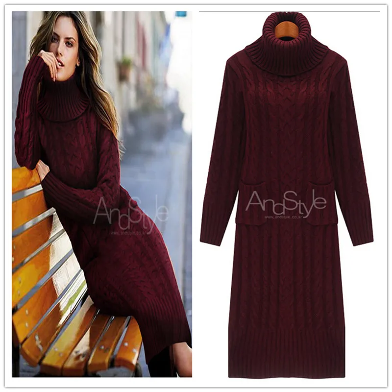 2016 new autumn winter fashion turtleneck sweater dress kintted long pullover sweater women robe pull vetement